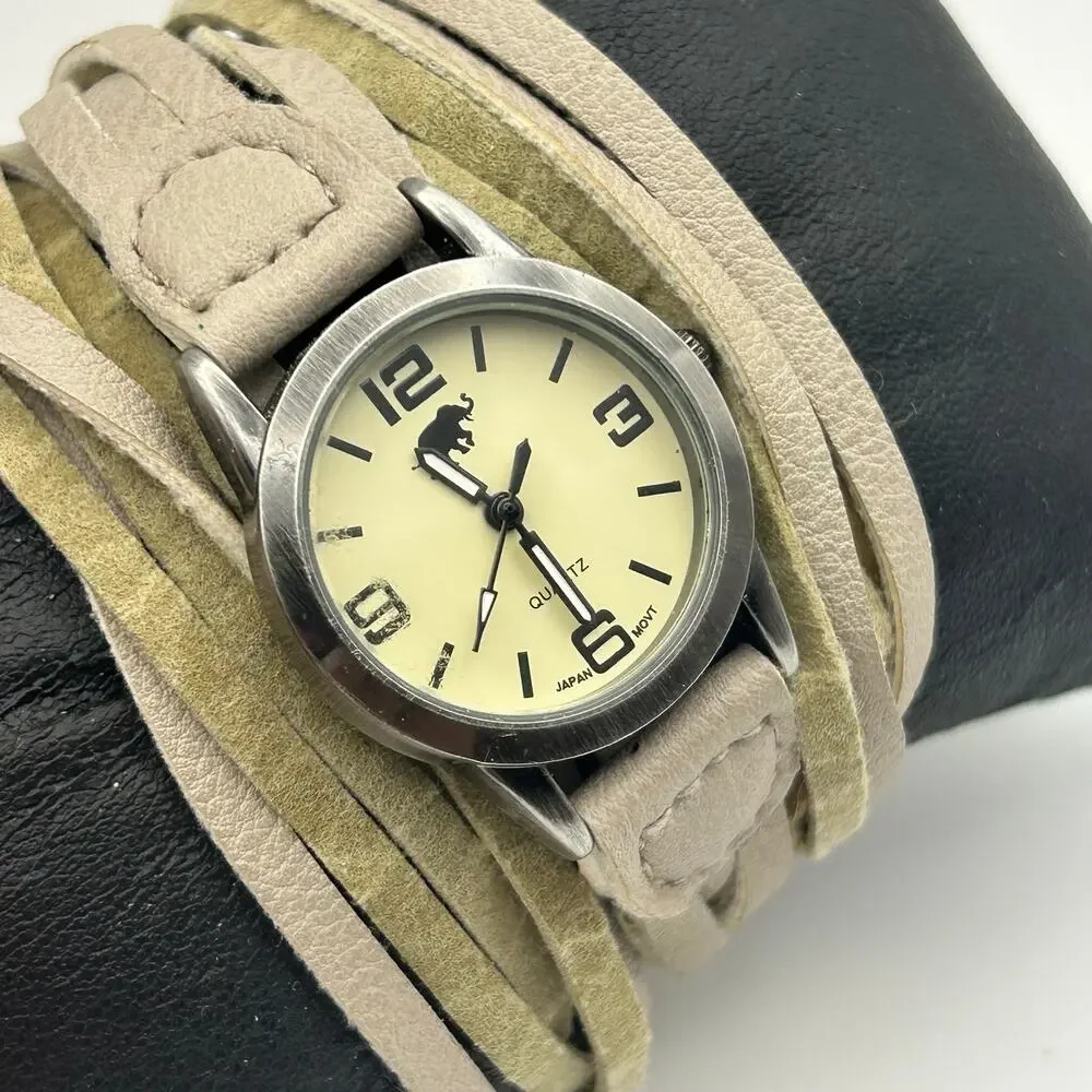 Women’s Fashion Watch Light Gray Wrap-around Leather Band Elephant Print Dial